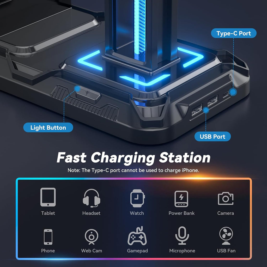 KDD Headset Stand con carga Station - Detachable Controller Holder con 9 Light Modes - Rotatable Headphone Hanger con USB &C Charger puertos - Earphone Hook para PC Gaming Accessories Storage