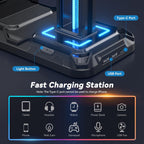 KDD Headset Stand con carga Station - Detachable Controller Holder con 9 Light Modes - Rotatable Headphone Hanger con USB &C Charger puertos - Earphone Hook para PC Gaming Accessories Storage