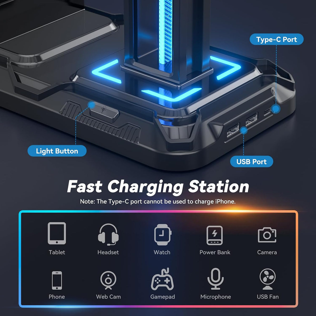 KDD Headset Stand con carga Station - Detachable Controller Holder con 9 Light Modes - Rotatable Headphone Hanger con USB &C Charger puertos - Earphone Hook para PC Gaming Accessories Storage