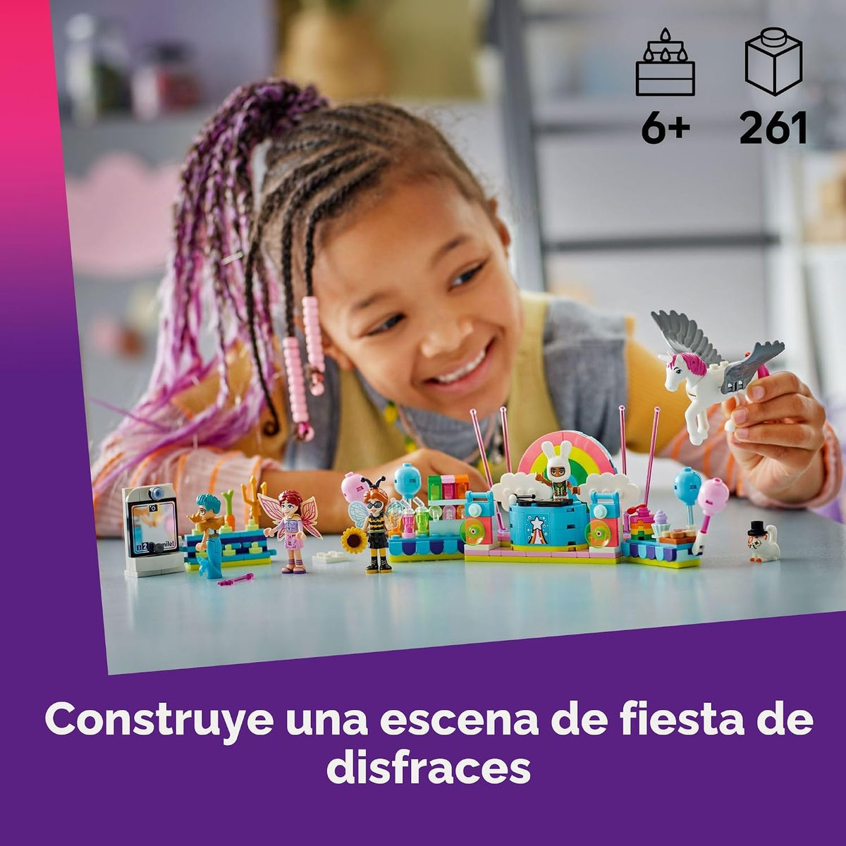 LEGO Fiesta de disfraces de amigos con unicornio y hada, juguete de construcción interactivo de cuentos con juguetes de gato y unicornio, idea creativa de regalo de cumpleaños para niñas y niños, 6+ - 42661