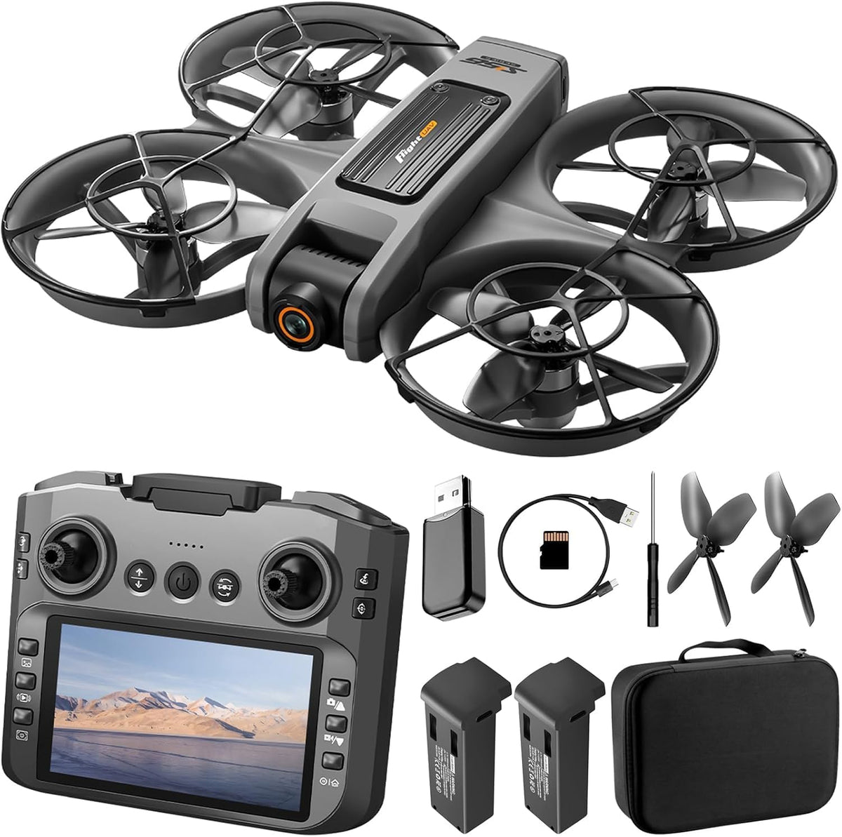 Drone con cámara UHD, dron con pantalla en el controlador para principiantes, cuadricóptero de control remoto con 2 baterías, inicio de una tecla, fácil de volar, retención de altitud, giros 3D
