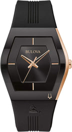 Bulova Latin Grammy Gemini - Reloj de cuarzo para hombre, oro rosa, acero inoxidable, acento con cristal mineral curvo y correa de silicona negra