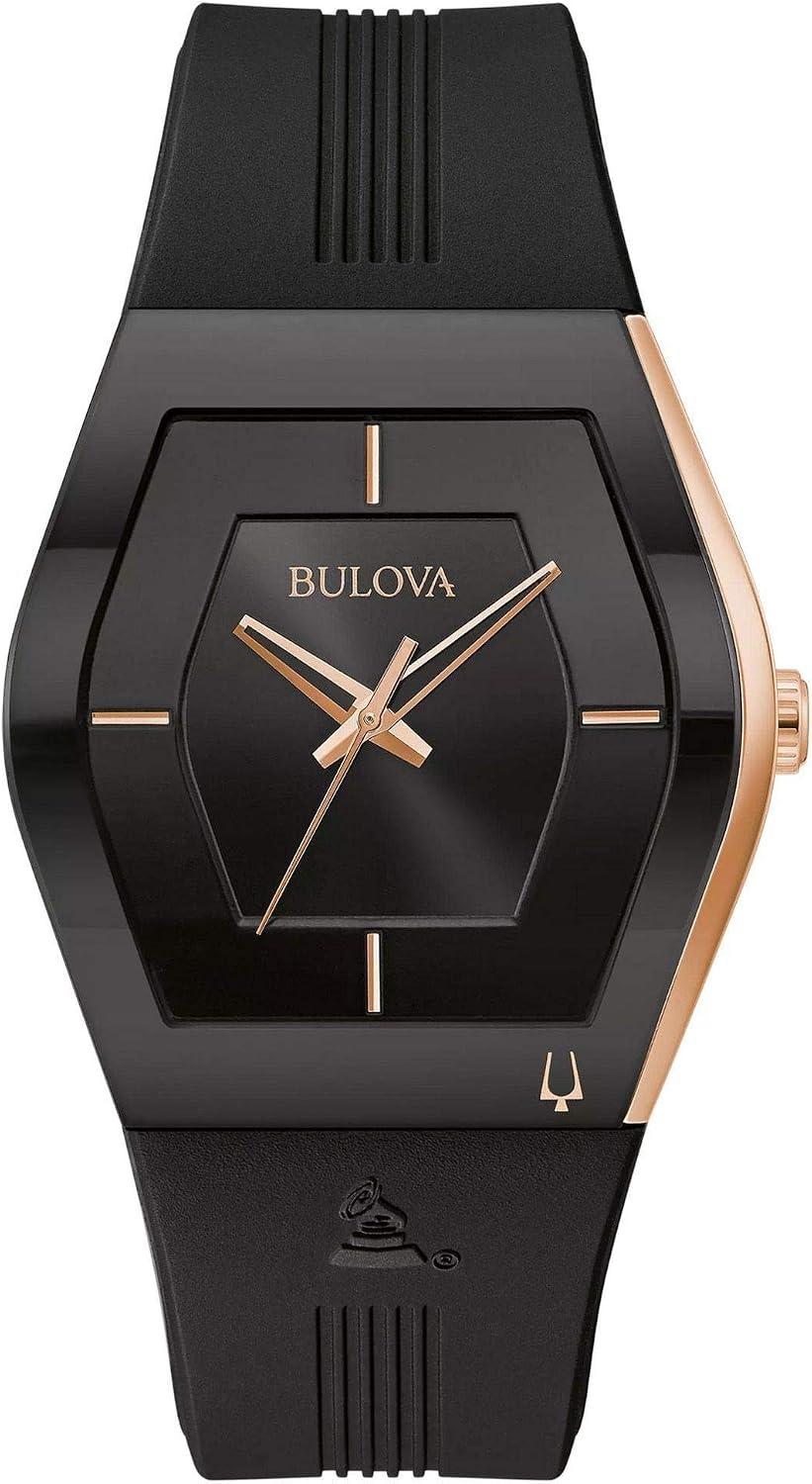 Bulova Latin Grammy Gemini - Reloj de cuarzo para hombre, oro rosa, acero inoxidable, acento con cristal mineral curvo y correa de silicona negra