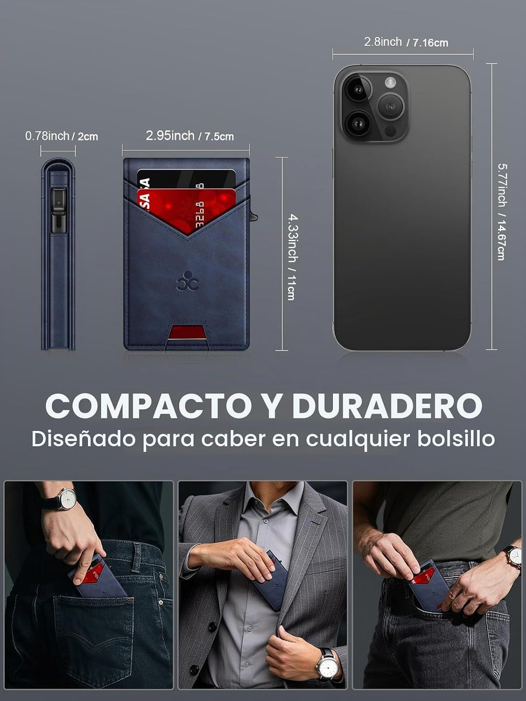 Billetera para hombre con bloqueo RFID minimalista para 12-14 tarjetas | Cartera inteligente delgada y plegable con ventana para identificación y ranura para efectivo, bolsillo frontal, estuche