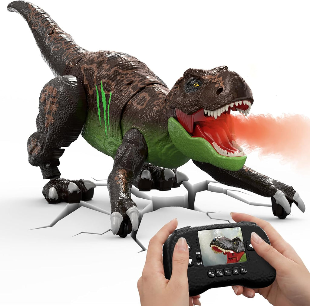 T-Rex Robot RC Dinosaur con cámara para niños, pantalla LCD RC video en vivo, simulación de movimiento de gateo, modo de demostración inteligente, función de rociado, efecto de luz y rugido, batería