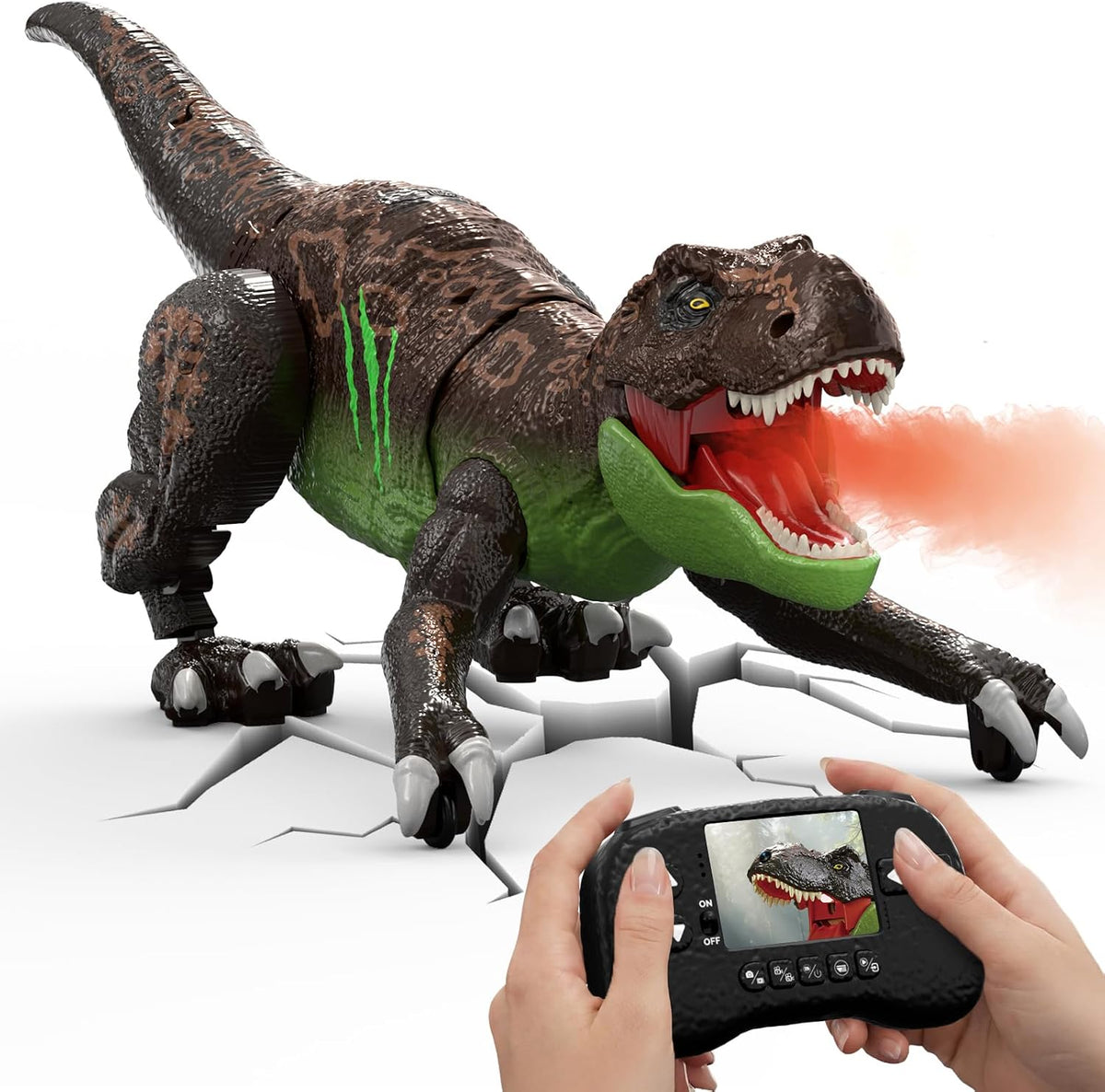T-Rex Robot RC Dinosaur con cámara para niños, pantalla LCD RC video en vivo, simulación de movimiento de gateo, modo de demostración inteligente, función de rociado, efecto de luz y rugido, batería