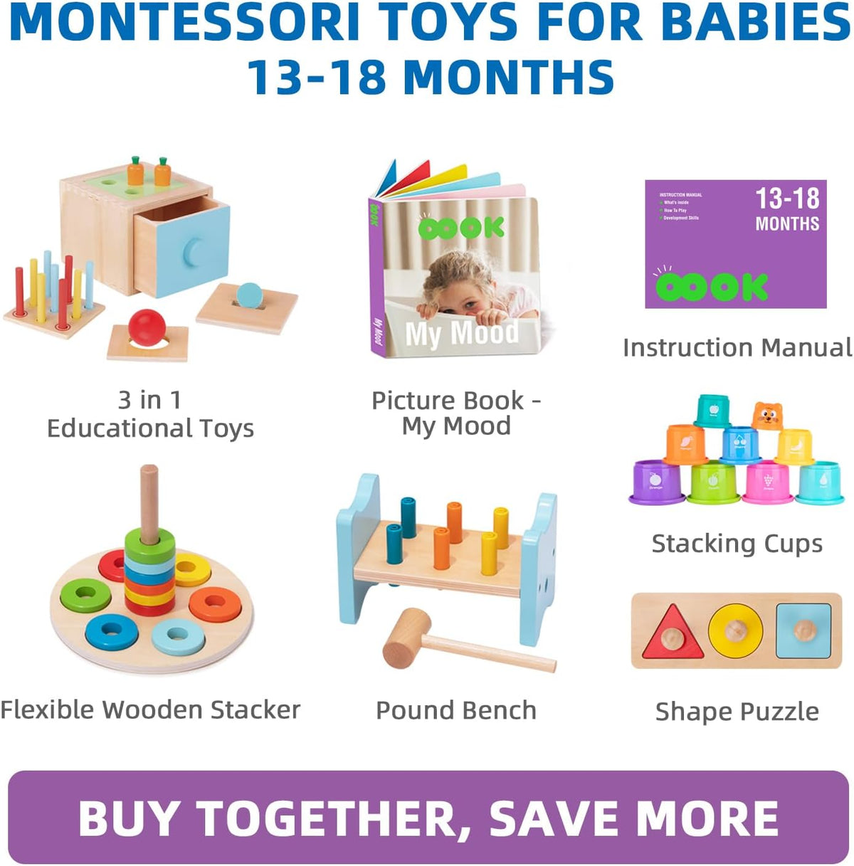 TOOKYLAND Juguetes Montessori para niños de 1 año, conjunto educativo de aprendizaje 8 en 1 de juguetes de madera (incluye tazas apilables, caja educativa 3 en 1, banco de martilleo, rompecabezas de