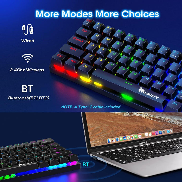 Pauroty 60% Teclado mecánico inalámbrico, teclado de juego de tripl...