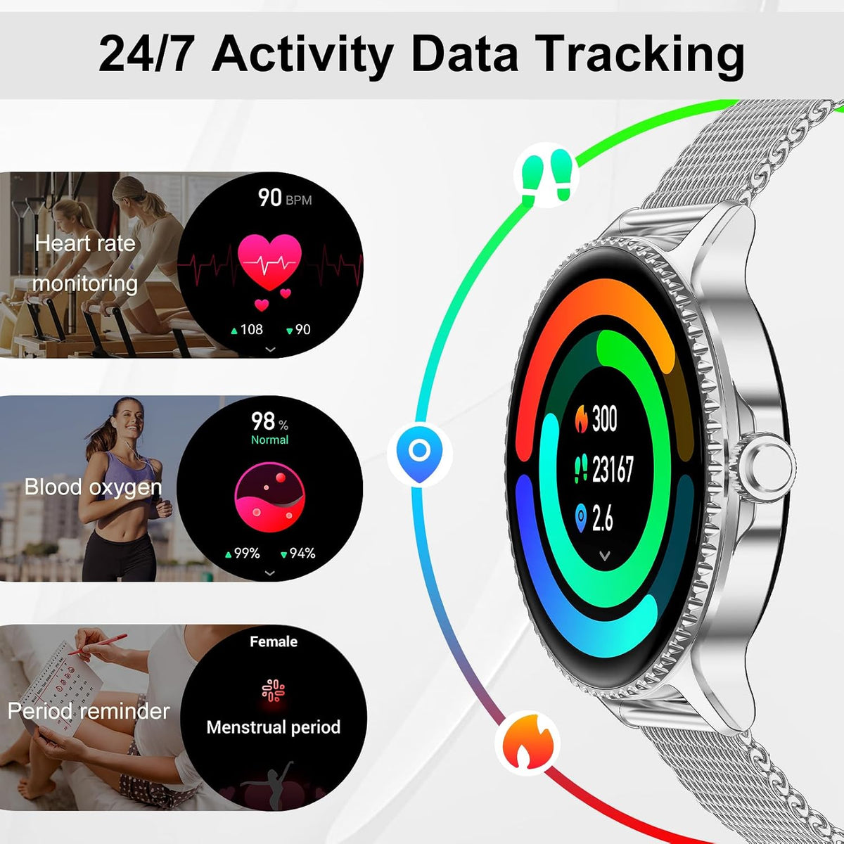 Reloj inteligente para mujer, pantalla AMOLED ultra clara de 1.32 pulgadas con llamadas Bluetooth (respuesta/hacer) seguimiento de actividad/frecuencia cardíaca y monitor de sueño, más de 120 modos