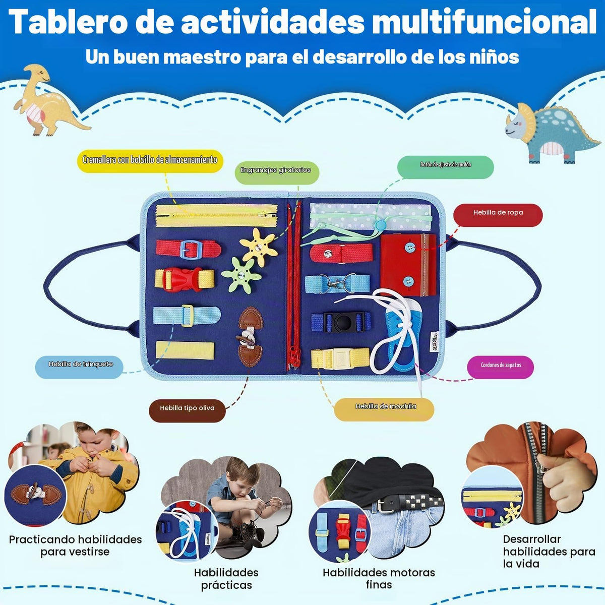 Juguete Montessori de tablero ocupado para niños y niñas, juguete sensorial, actividades educativas, juguete de viaje para automóvil de avión, libro ocupado para aprender habilidades motoras finas, azul