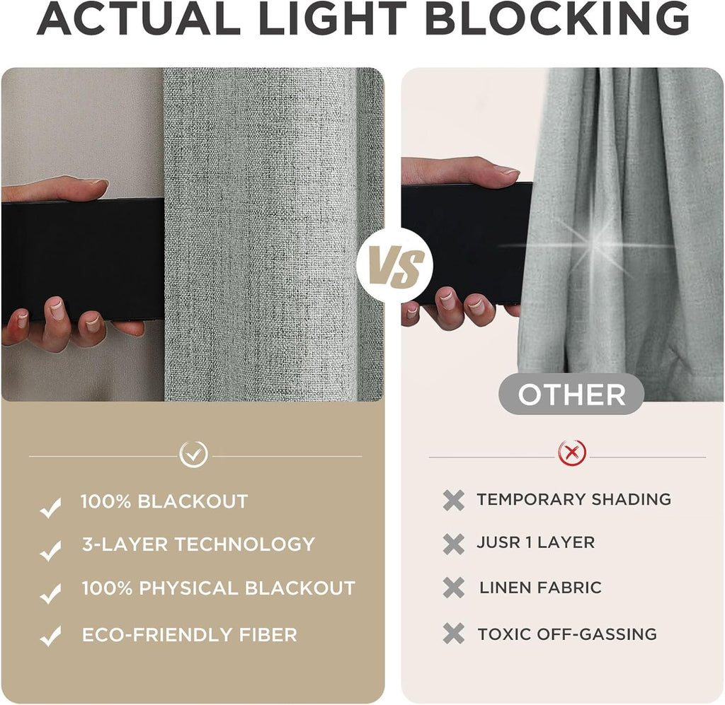 Joydeco - Cortinas 100 % opacas para dormitorio, cortinas de lino natural, cortinas de bloqueo de luz con aislamiento térmico, bolsillo para barra y pestaña trasera, oscurecimiento de privacidad