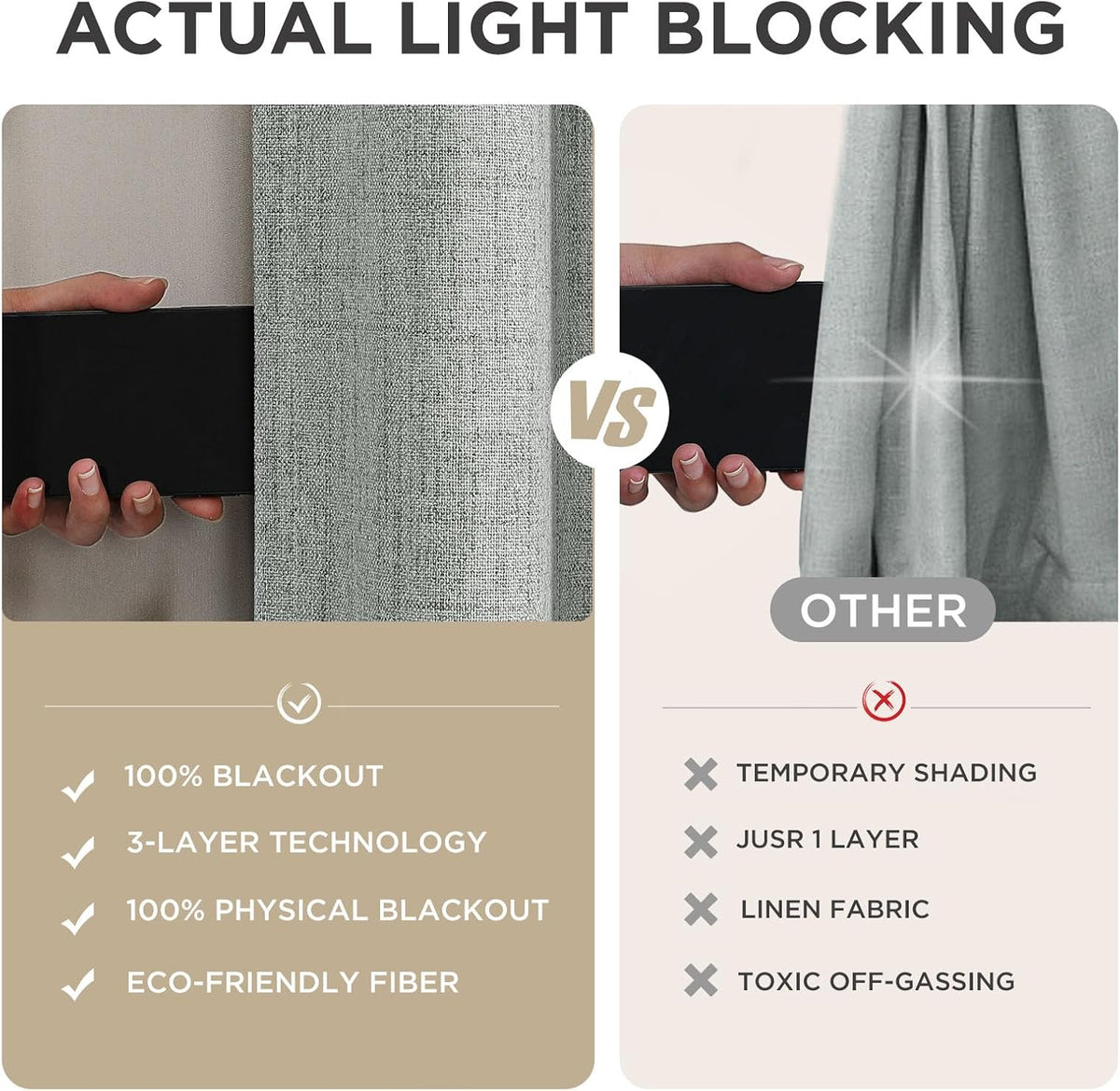 Joydeco - Cortinas 100 % opacas para dormitorio, cortinas de lino natural, cortinas de bloqueo de luz con aislamiento térmico, bolsillo para barra y pestaña trasera, oscurecimiento de privacidad