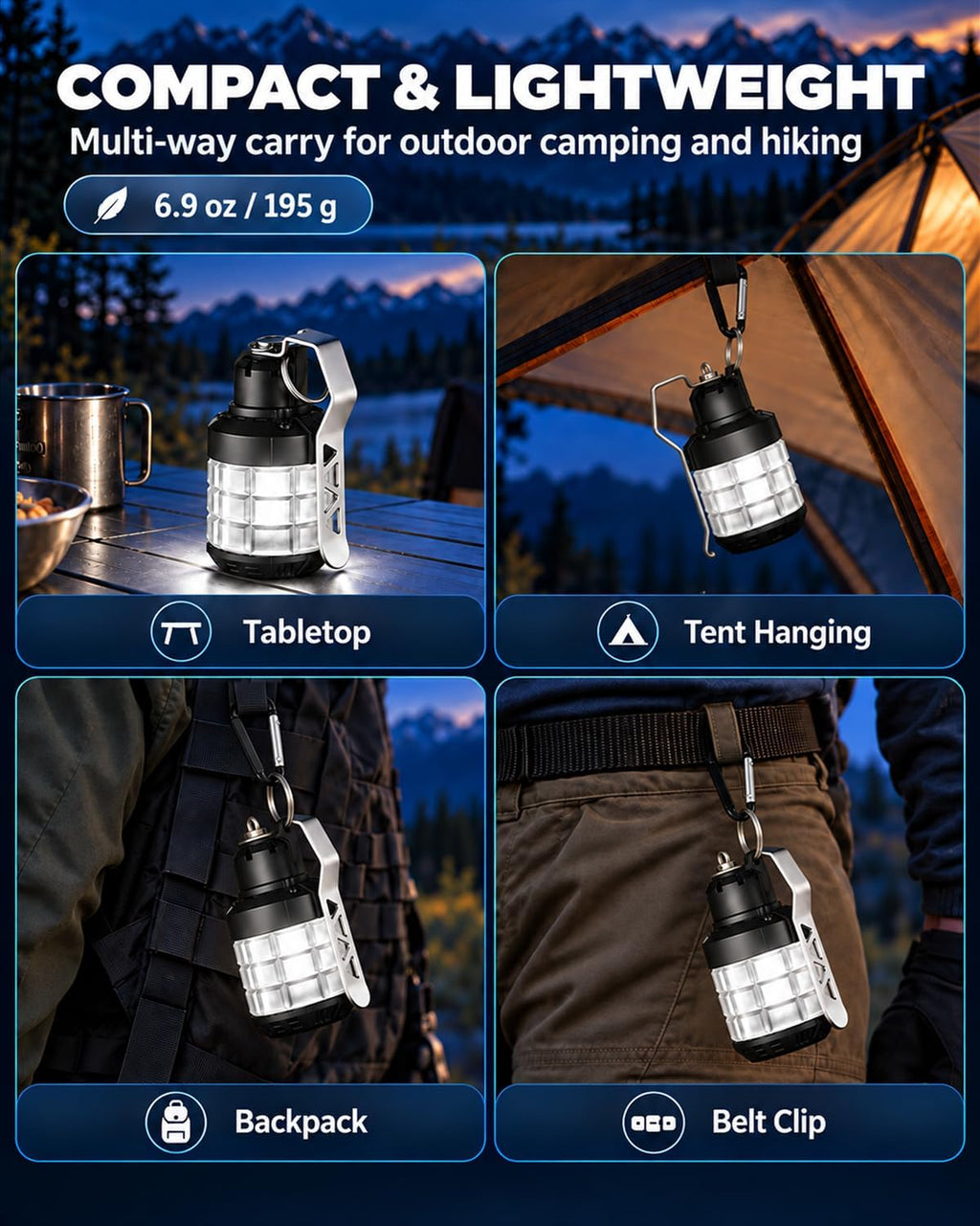 Lámpara Linterna de camping recargable, luz LED portátil para acampar