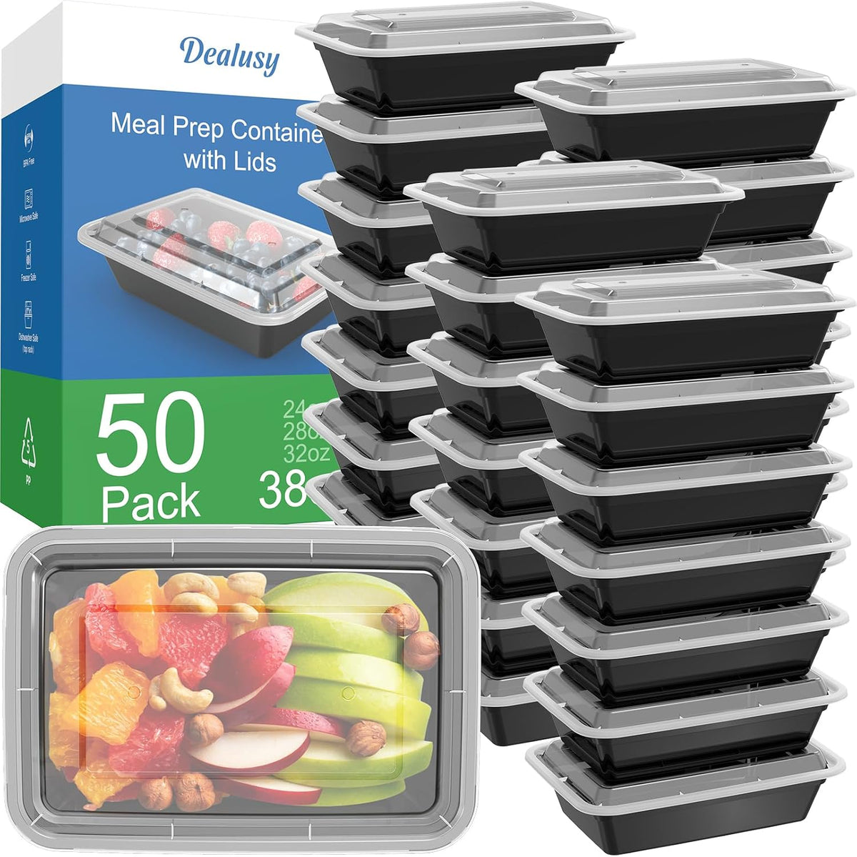 Dealusy Paquete de 50 (100 piezas) Recipientes para Preparación de Comidas de 38 oz Reutilizables con Tapas, Resistentes, a Prueba de Fugas y Seguros para Alimentos, Seguros para Microondas