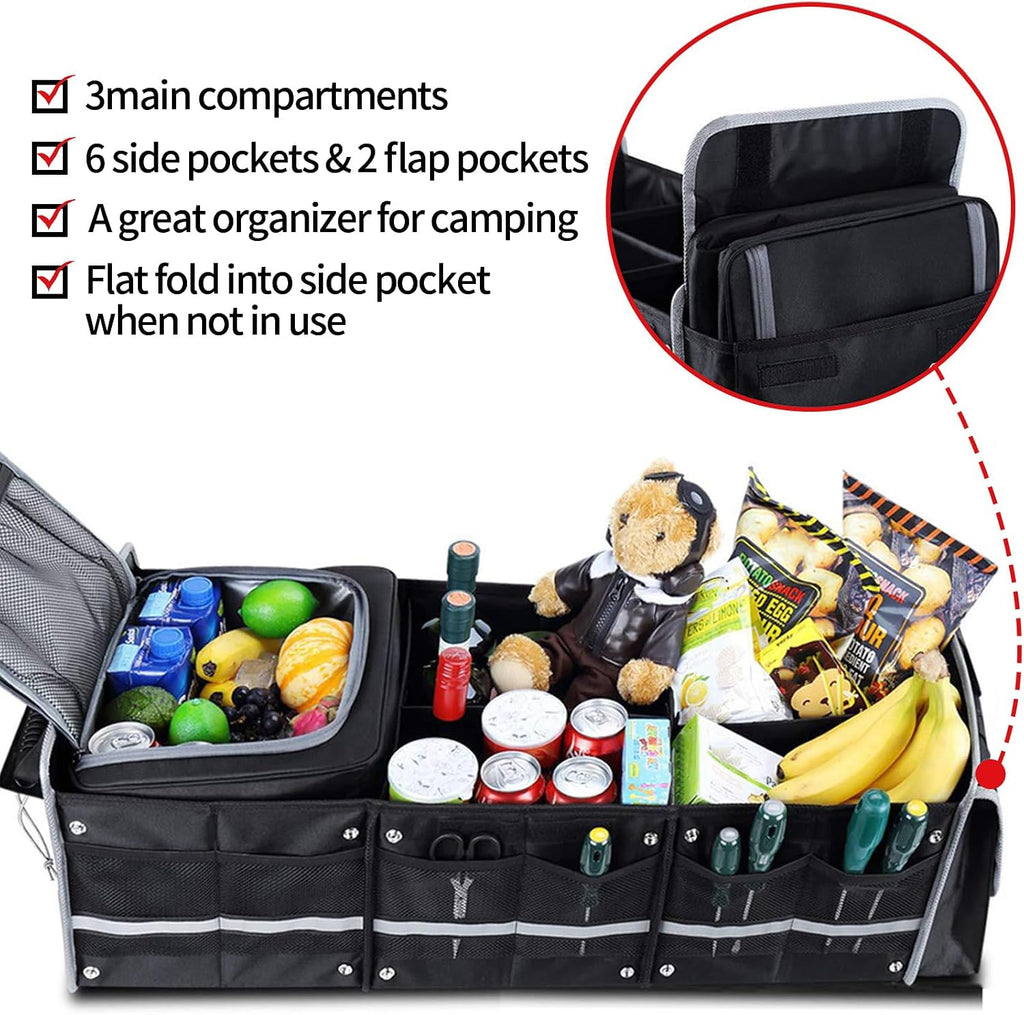 Organizador de maletero de automóvil con bolsa enfriadora extraíble, almacenamiento plegable con múltiples compartimentos para SUV, camión, comestibles, campamento, organizador de carga de