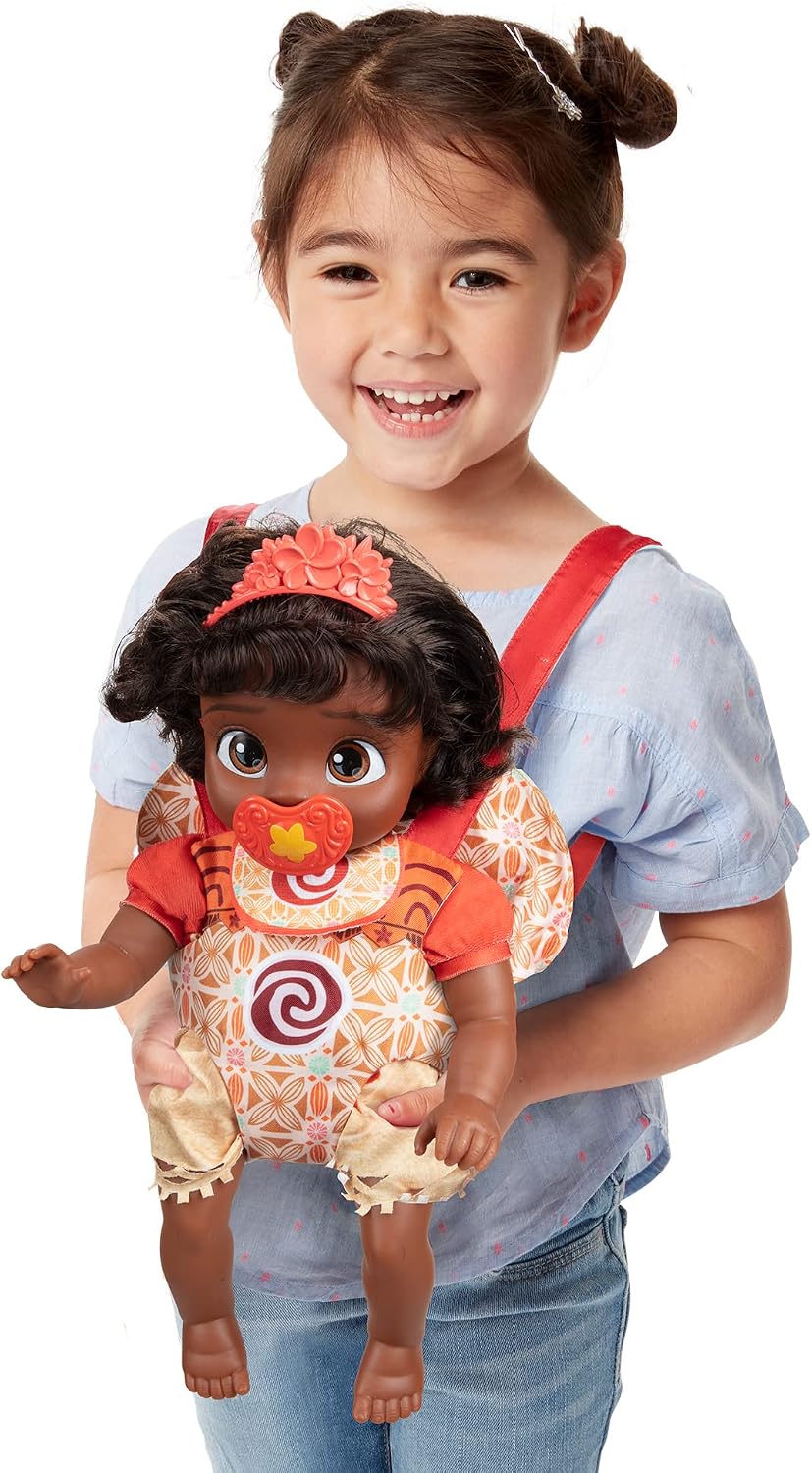 Disney - Muñeca de la princesa Baby Moana de lujo con tiara, portabebé, amigo de felpa, chupón, babero y biberón [Exclusivo de Amazon]