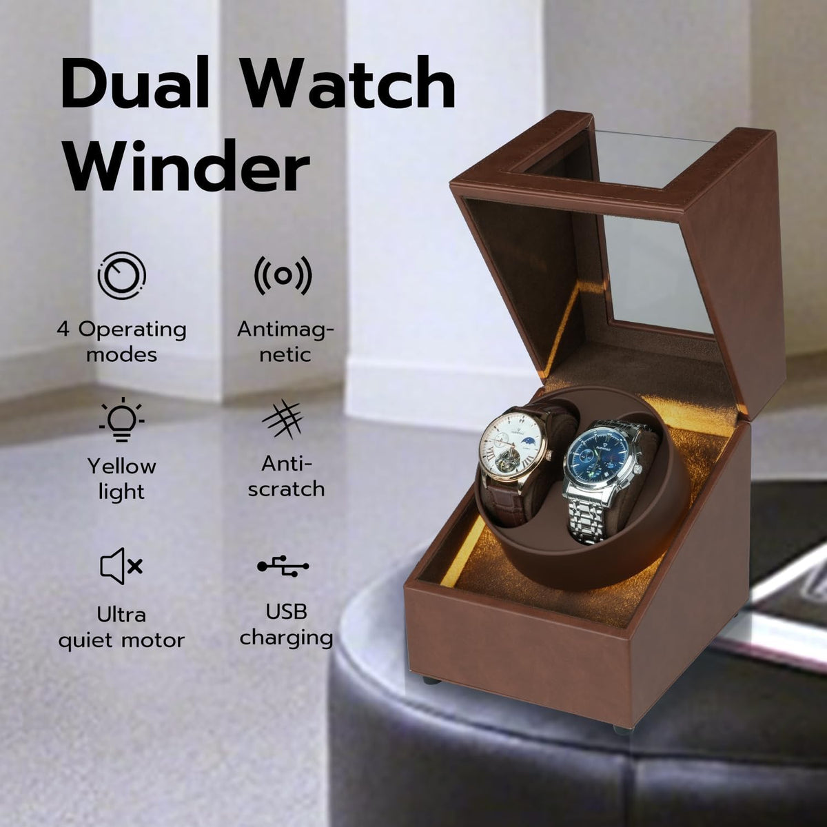 Mcbazel Enrollador de reloj con luz LED, caja de bobinadora de reloj doble para relojes automáticos, motor ultra silencioso, 5 modos de rotación, regalos para hombres, seres queridos y mujeres