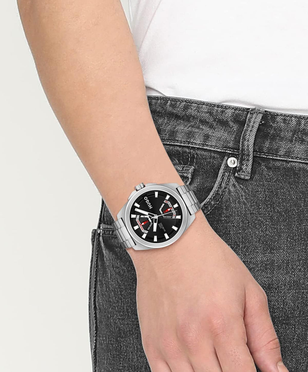 HUGO #Expose 1530242 - Reloj multifunción de acero inoxidable y pulsera de eslabones para hombre, color: plateado (modelo: 1530242)