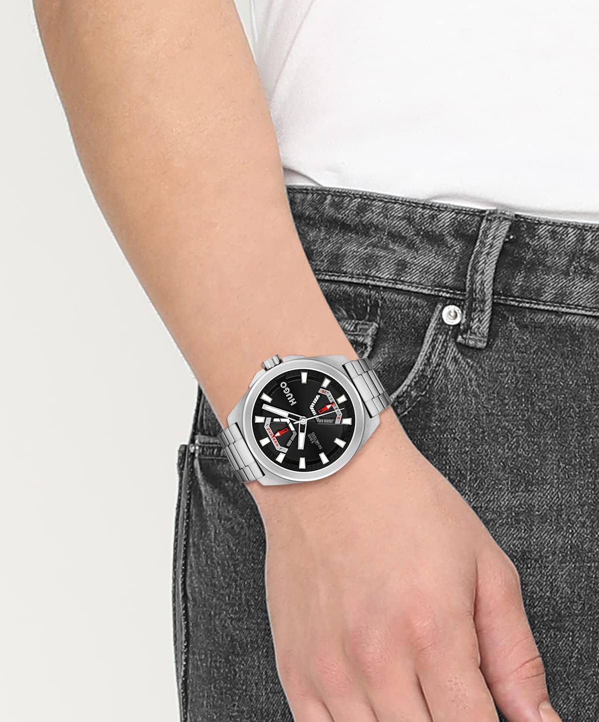 HUGO #Expose 1530242 - Reloj multifunción de acero inoxidable y pulsera de eslabones para hombre, color: plateado (modelo: 1530242)