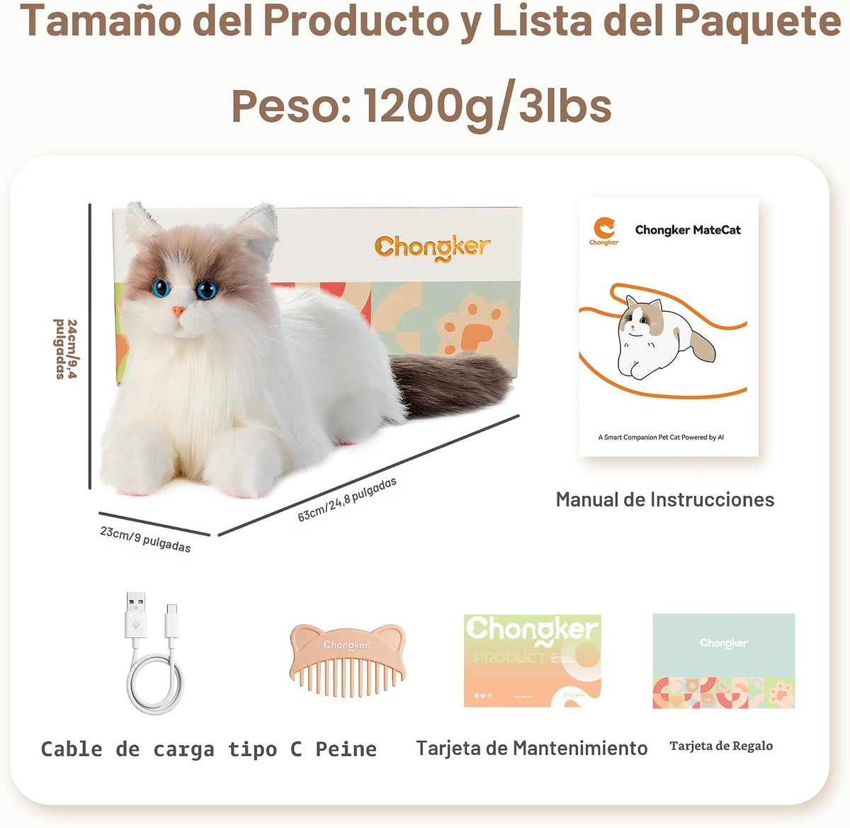 Chongker Animal de peluche interactivo de gato robot de 24.8 pulgadas para