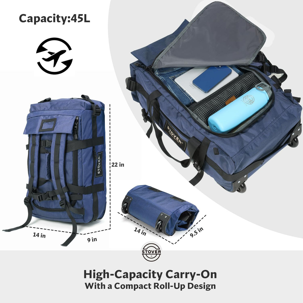 Bolsa de lona con ruedas, plegable con correas para el hombro, U-Zip