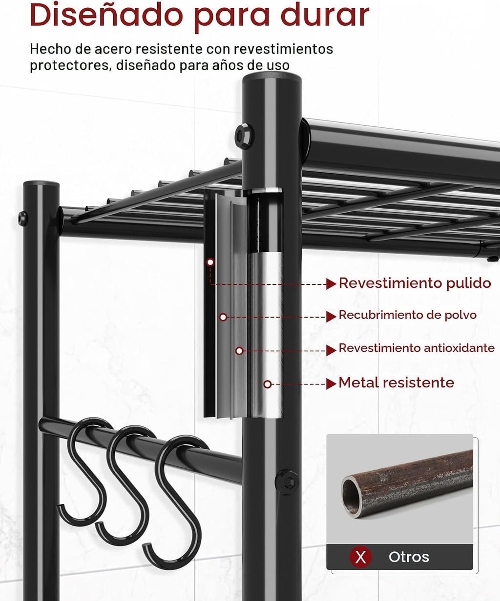 Estantería de 4 Niveles con 6 Ganchos, 33.2" x 12.7" x 57.3", negro