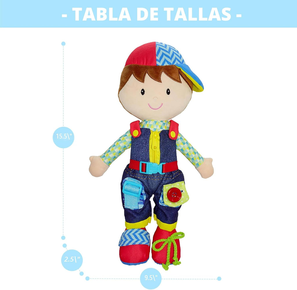 June Garden Dressy Friends Lucas de 15.5 pulgadas, muñeca de peluche educativa para niños y niños pequeños de 2 años en adelante, juguete suave con hebilla Montessori