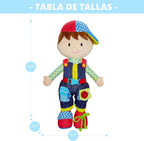 June Garden Dressy Friends Lucas de 15.5 pulgadas, muñeca de peluche educativa para niños y niños pequeños de 2 años en adelante, juguete suave con hebilla Montessori