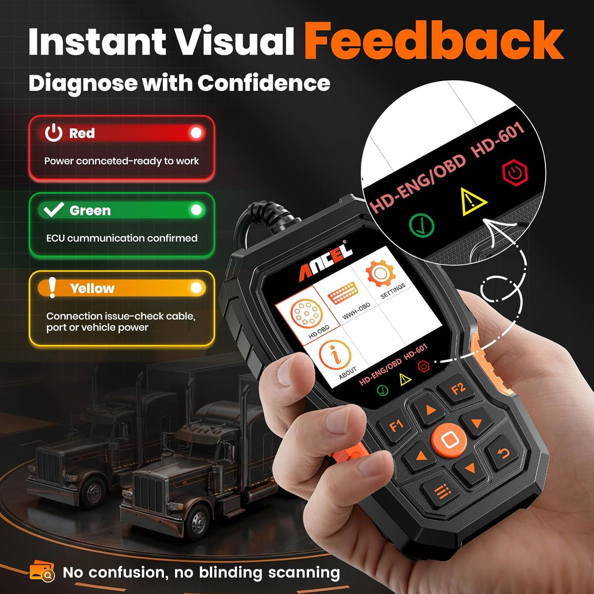 ANCEL Escáner de Camión Resistente HD601 Herramienta de Diagnóstico de Sistema Completo para Diésel Compatible con Cummins, Detroit, Freightliner, International, Paccar, Lector de Código 2 en 1 para