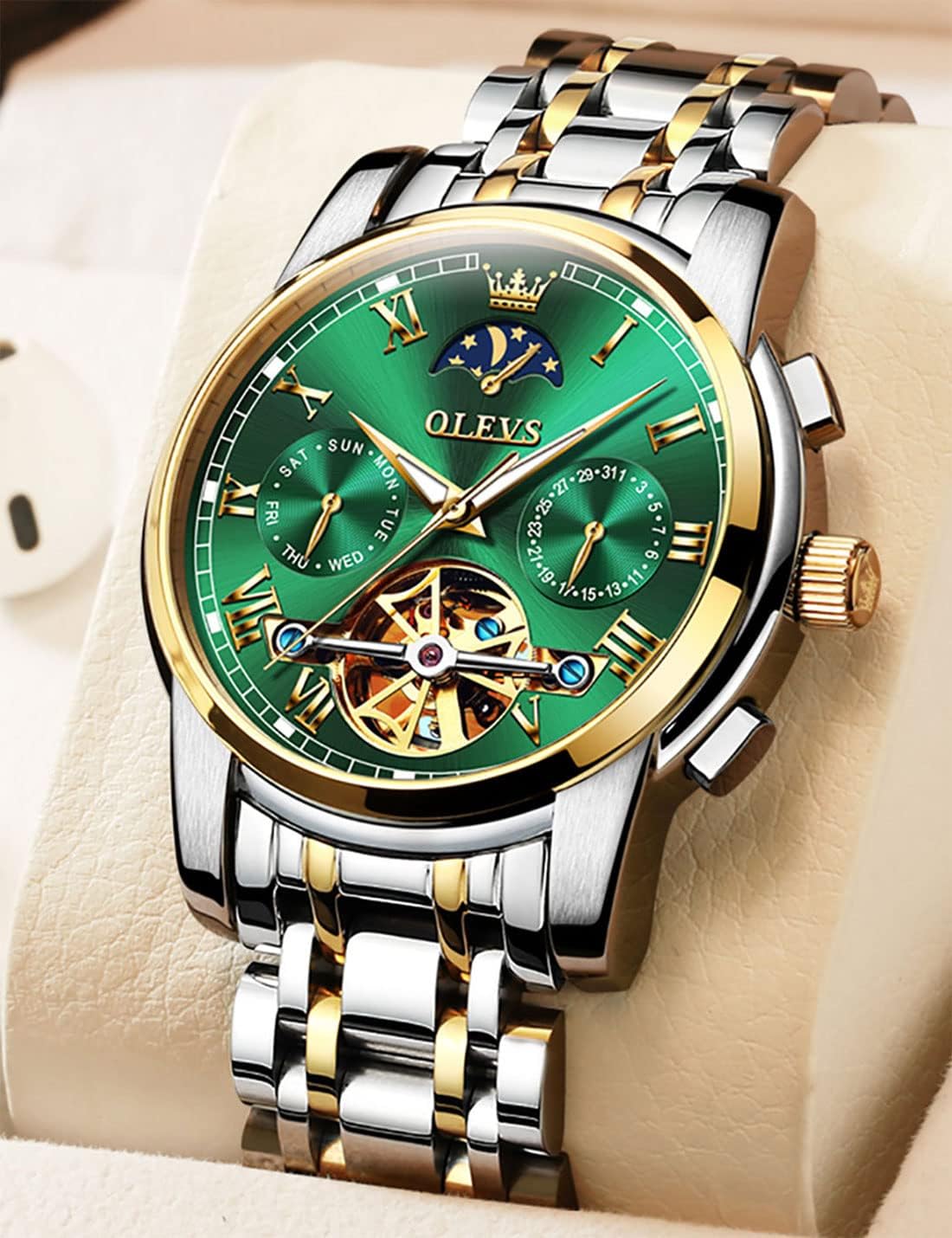OLEVS Relojes automáticos de cuerda automática para hombre, calendario de fecha, día de día, reloj de acero inoxidable, movimiento de esqueleto, Tourbillon, sin batería, relojes impermeables para hombre, Un reloj verde, redondo, Reloj de esqueleto