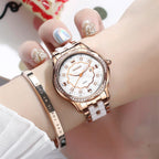 OLEVS Relojes de cerámica de lujo para mujer, reloj de oro rosa con diamantes brillantes para mujer, resistente al agua, analógico, de cuarzo, relojes para mujer