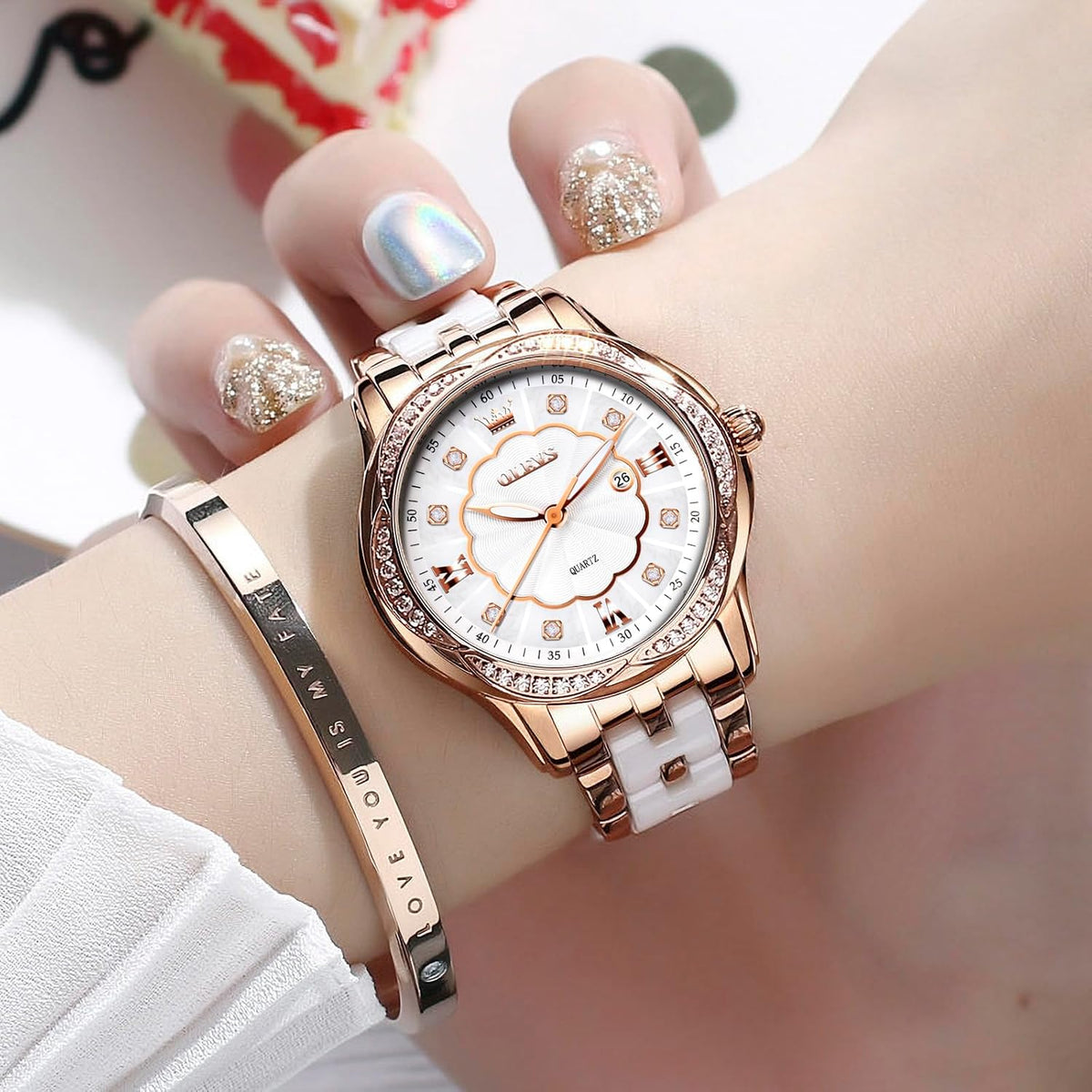 OLEVS Relojes de cerámica de lujo para mujer, reloj de oro rosa con diamantes brillantes para mujer, resistente al agua, analógico, de cuarzo, relojes para mujer