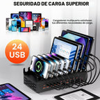 Estación de carga USB de 300 W para múltiples dispositivos, estación de carga rápida múltiple de escritorio de 24 puertos con soporte organizador de dispositivos y protección múltiple, regleta de