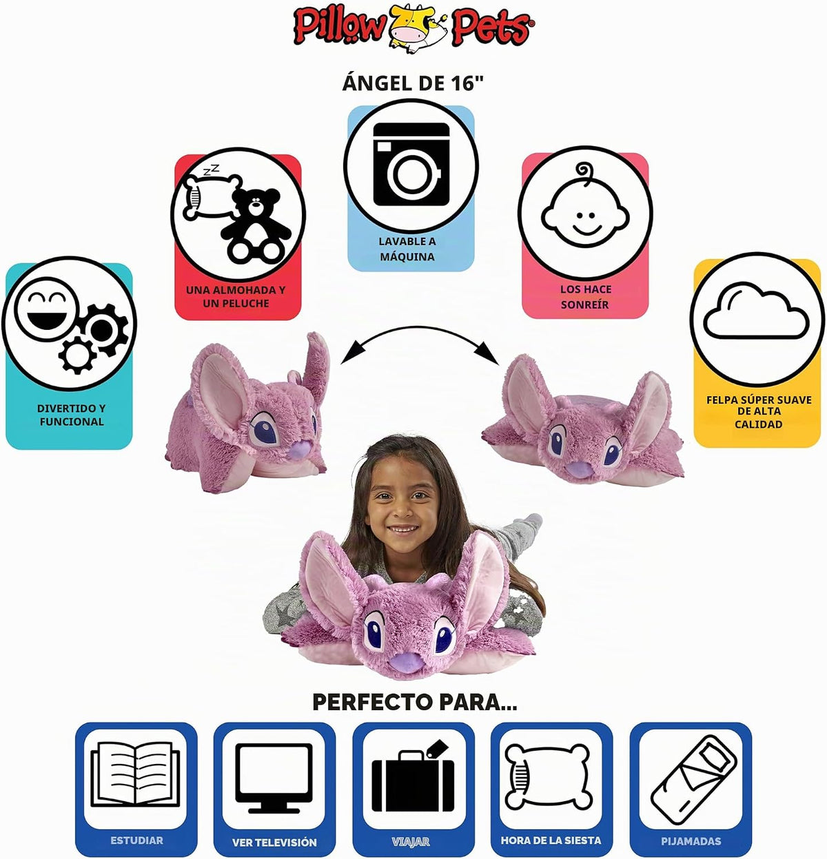 Pillow Pets Disney Lilo and Stitch Angel, juguete de peluche de 16 pulgadas