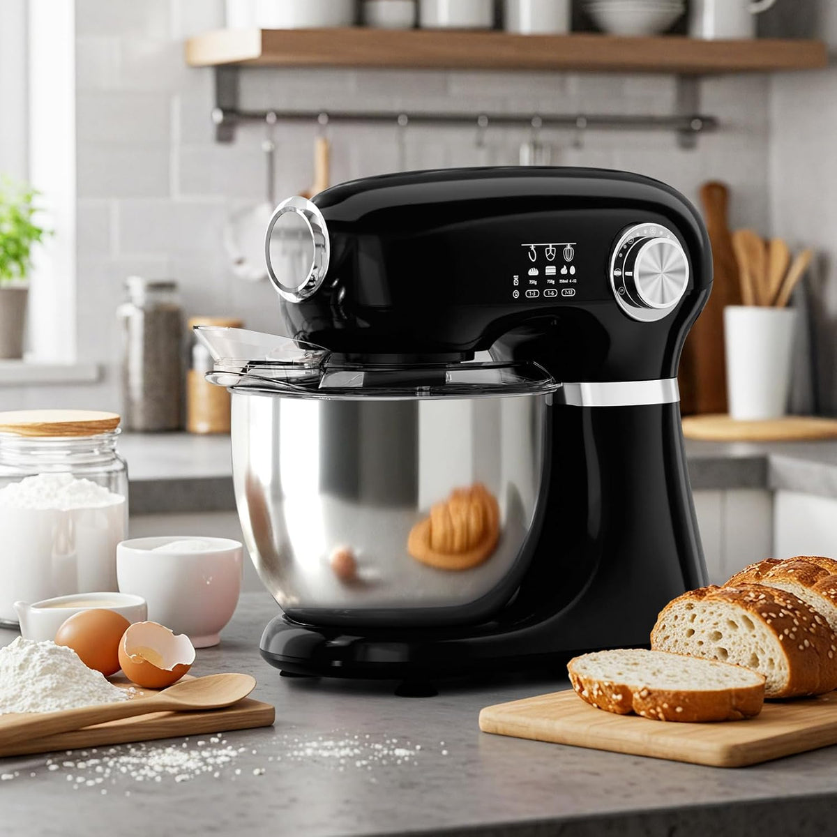 COWSAR Batidora de pie, batidora eléctrica comercial de 12 velocidades, batidora de cocina 3 en 1 con tazón, gancho para masa, batidor y batidor, negro