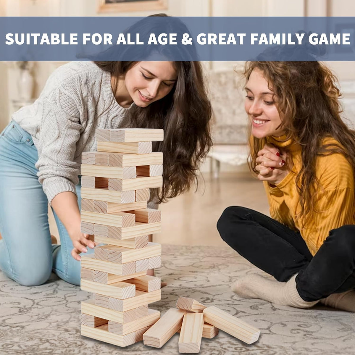 Megwoz- Torre gigante de más de 5 pies de alto, juego de apilar, 60 bloques de madera de pino de Nueva Zelanda; p/interiores/exteriores, fiesta de cumpleaños, para adultos y niños de todas las edades