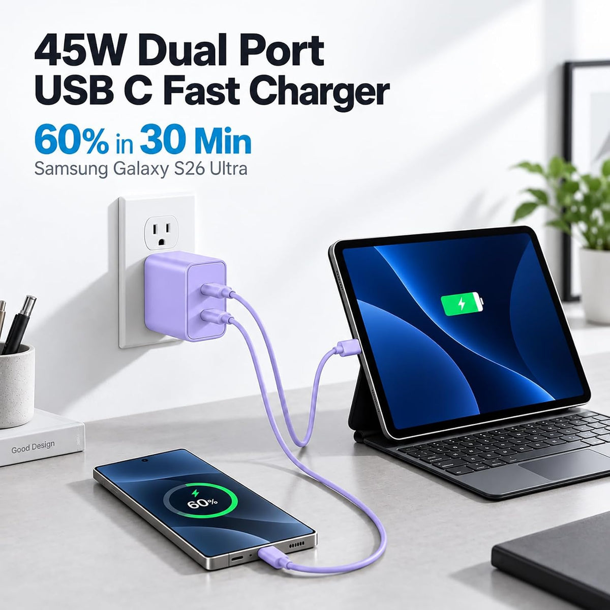 Cargador tipo C súper rápido para Samsung, cargador USB C de doble puerto
