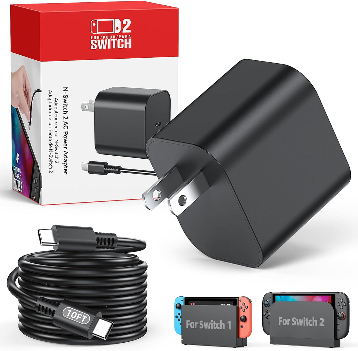 Cargador Switch 2 con cable de carga de 10 pies (9.8 ft), soporte de 60 W, modo de base de TV 4K, suministro de cable rápido de 20 V/3 A para interruptor/OLED/Lite y Steam Deck/consola Xbox 360