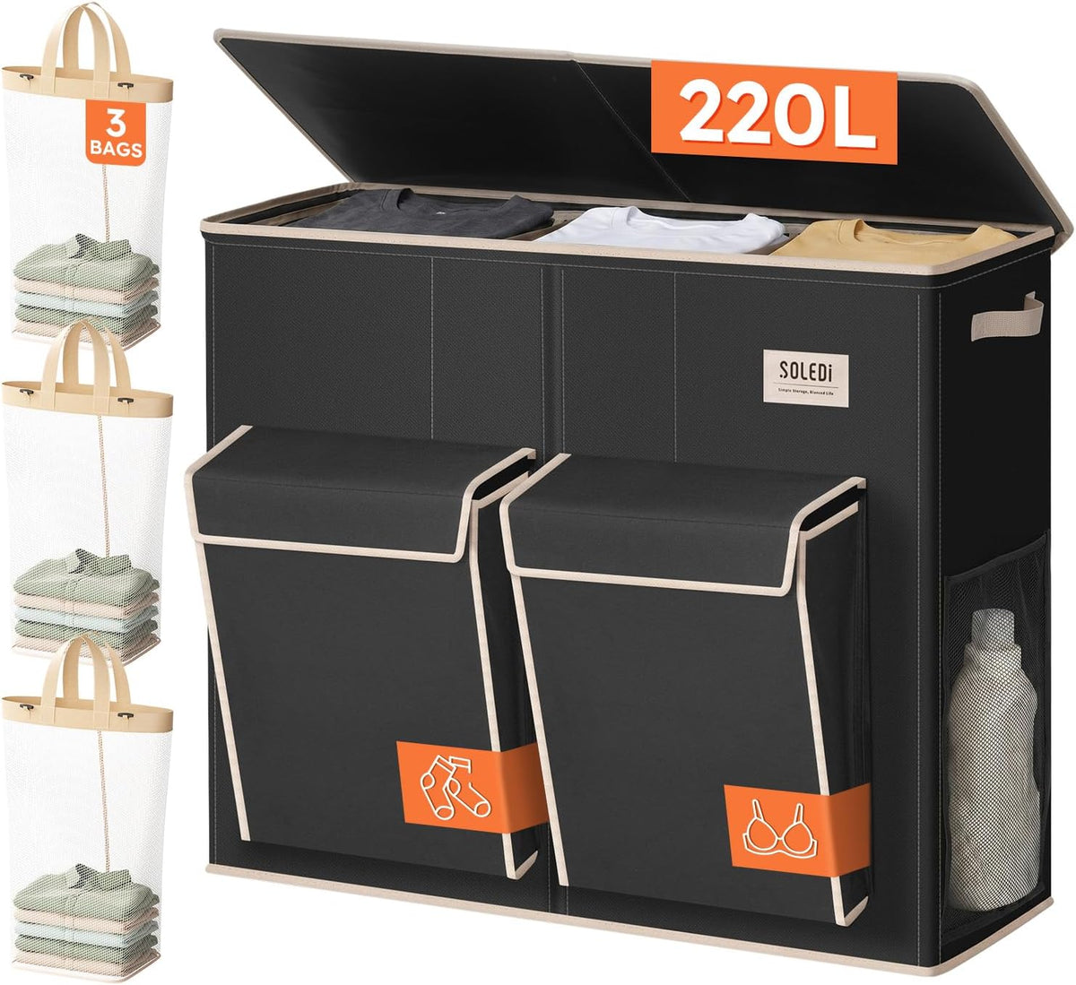 SOLEDI Cesta para ropa sucia de 220 litros de 3 secciones con tapa y 2