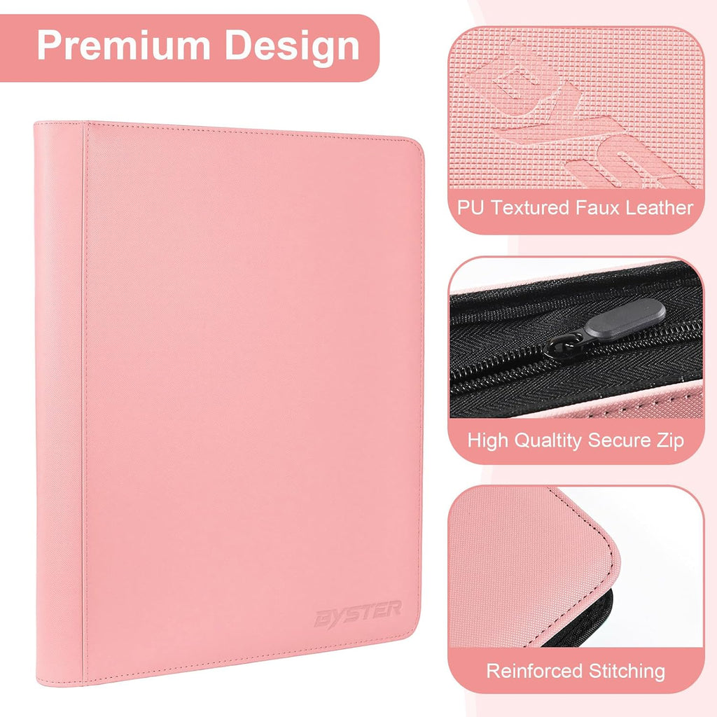 BYSTER Carpeta de tarjetas de PU de 16 bolsillos con cremallera, color rosa