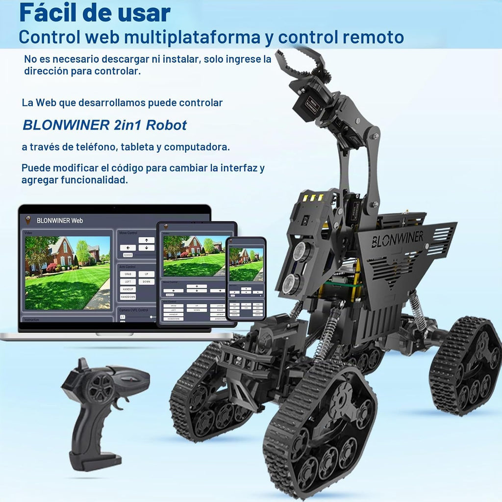 Kit de carro robot BLONWINER, juguete de construcción de brazo robótico inteligente 2 en 1 para codificación Python en Raspberry Pi, kits de tanque de programación STEM con cámara (sin placa RPi)