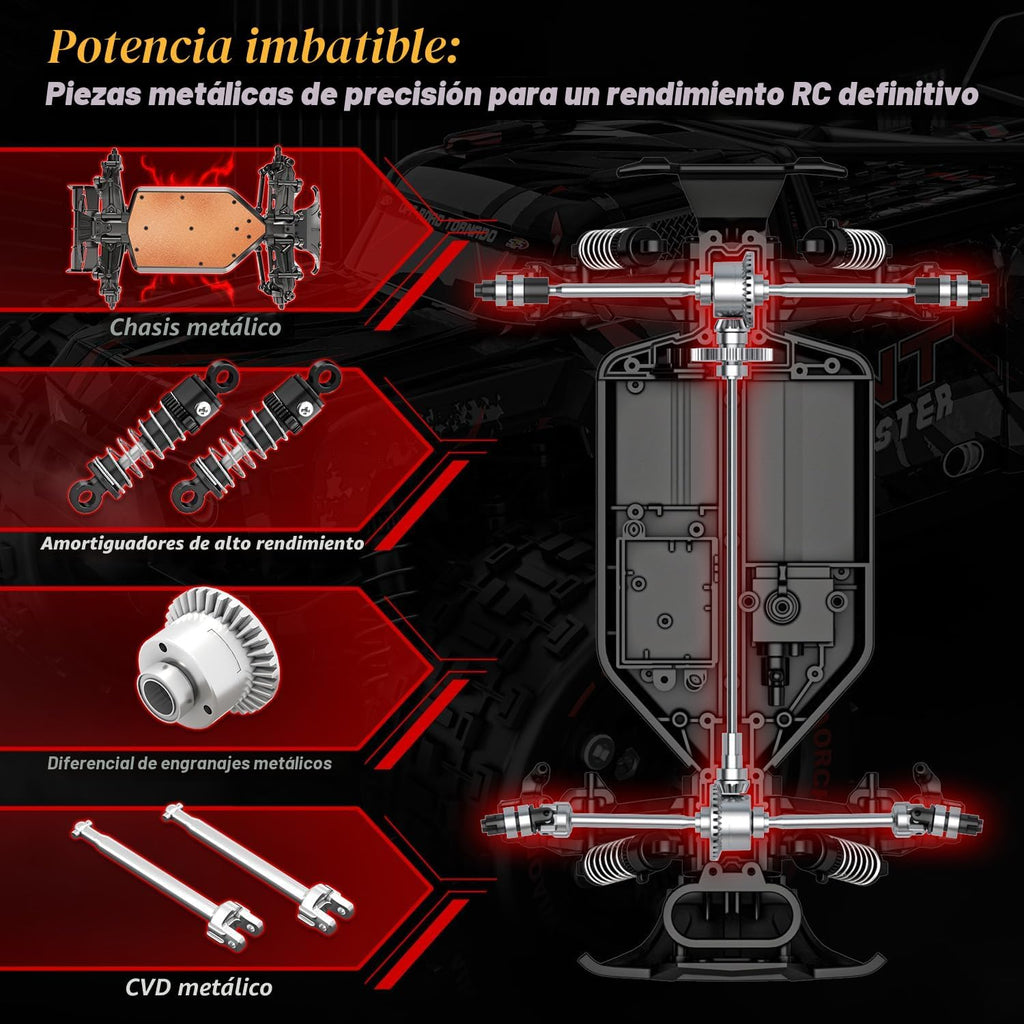 Autos RC rápidos a escala 1:16 para adultos, 40 KPH, camión monstruo eléctrico todoterreno con chasis de metal, auto de alta velocidad de 2.4 GHz, camión a control remoto impermeable con 2 baterías