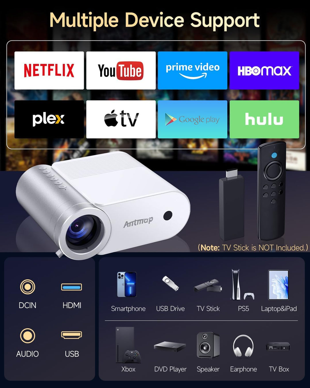 Mini proyector con WiFi y Bluetooth, soporte 1080P proyector portát...