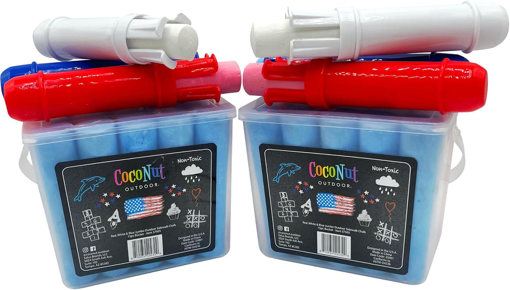 Paquete de 2 cubos de tiza jumbo para acera, 30 piezas, color rojo, blanco y azul, lavable, no tóxico, con 6 soportes, tiza jumbo de 4 pulgadas para aceras, entradas y diversión de dibujo al aire