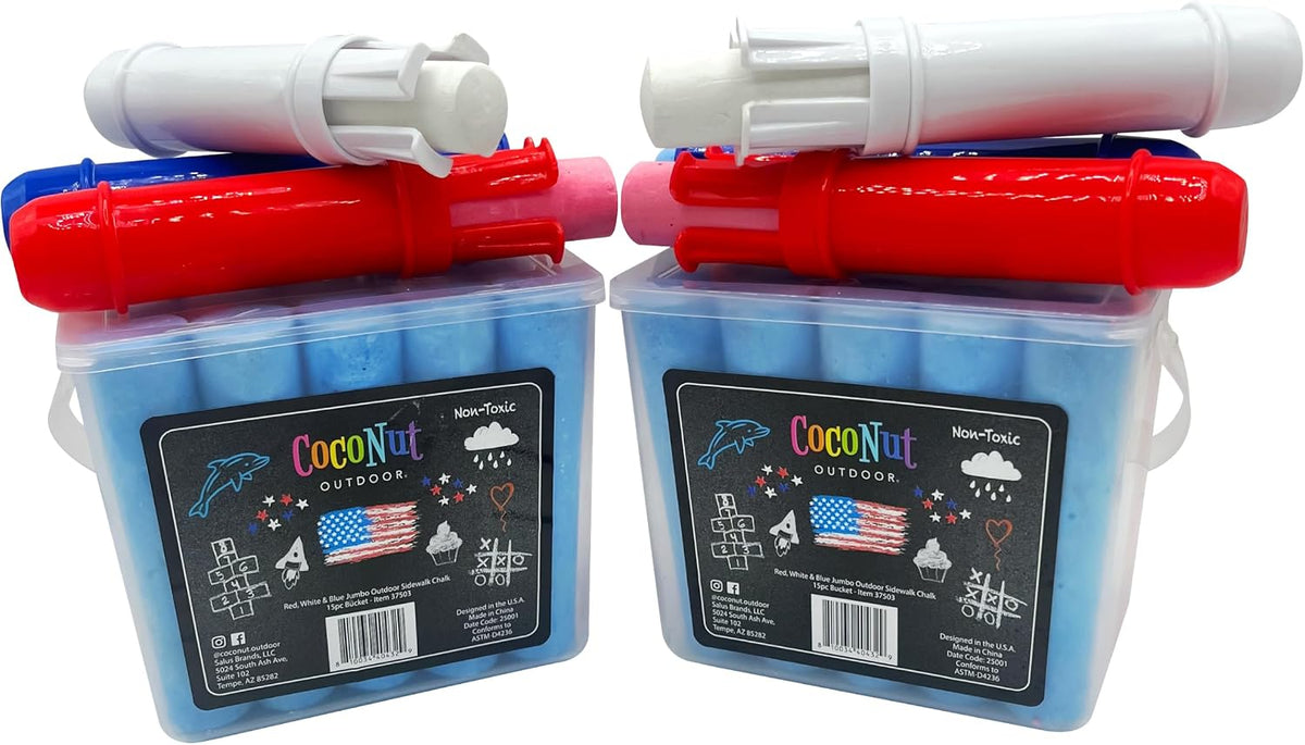 Paquete de 2 cubos de tiza jumbo para acera, 30 piezas, color rojo, blanco y azul, lavable, no tóxico, con 6 soportes, tiza jumbo de 4 pulgadas para aceras, entradas y diversión de dibujo al aire