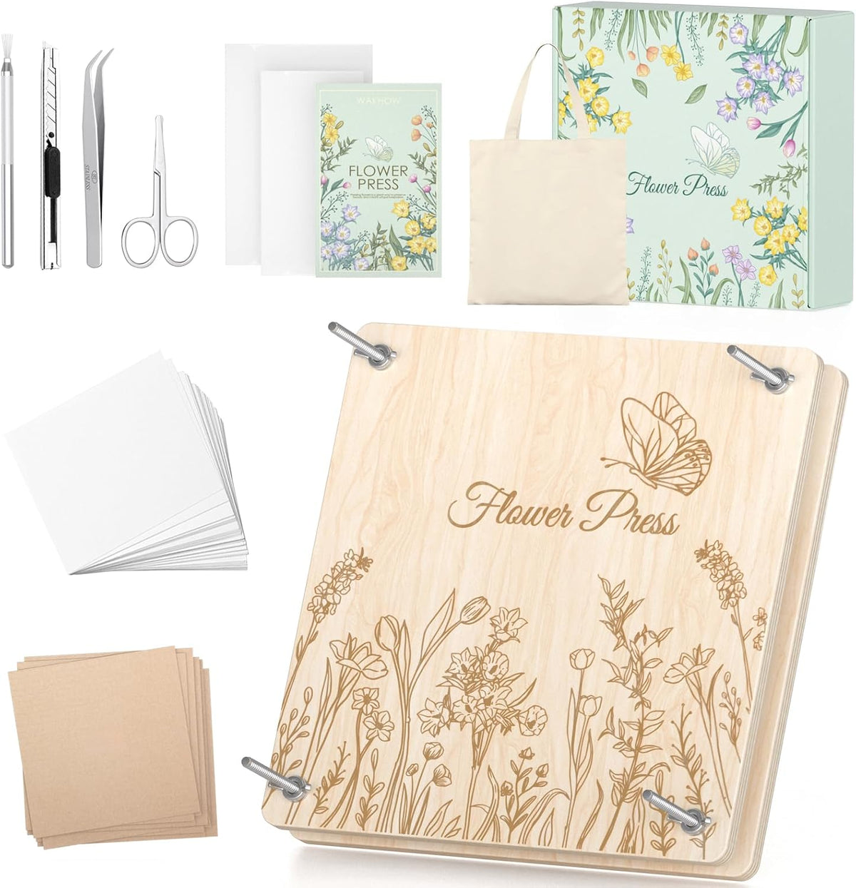 Kit de prensa de flores Wakhow – 27.9 cm x 27.9 cm Prensa de flores grande de madera para adultos y adolescentes | Elaboración de ramos de flores DIY y arte con flores secas | Regalo ideal para