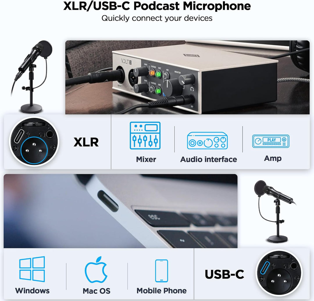 Xlr Micrófono dinámico USB para grabación de canto, micrófono de gr...