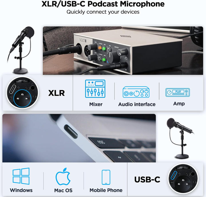 Xlr Micrófono dinámico USB para grabación de canto, micrófono de gr...