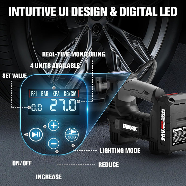 EWORK Inflador de neumáticos de 20 V, compresor de aire portátil, b...