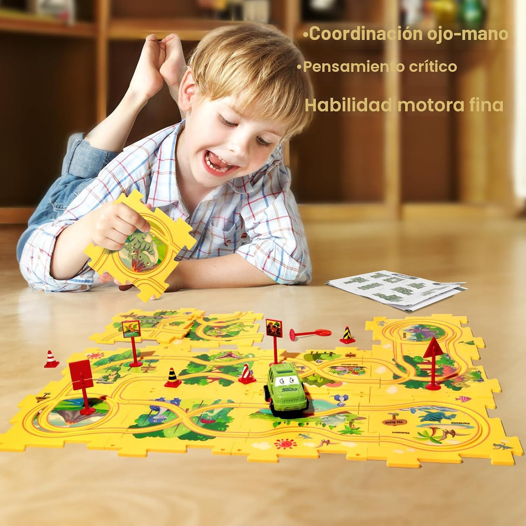 Set de Juego con Rompecabezas de Dinosaurio de Plástico y Pista de Coches para Niños de 3, 4 y 5 Años